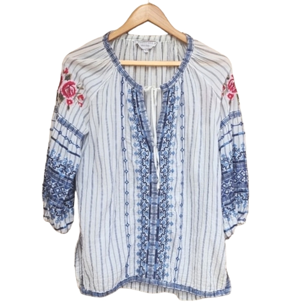 JOHNNY WAS Workshop Shea Peasant Blouse S Santori Stripe Embroidered Boho Anthro - Picture 12 of 16
